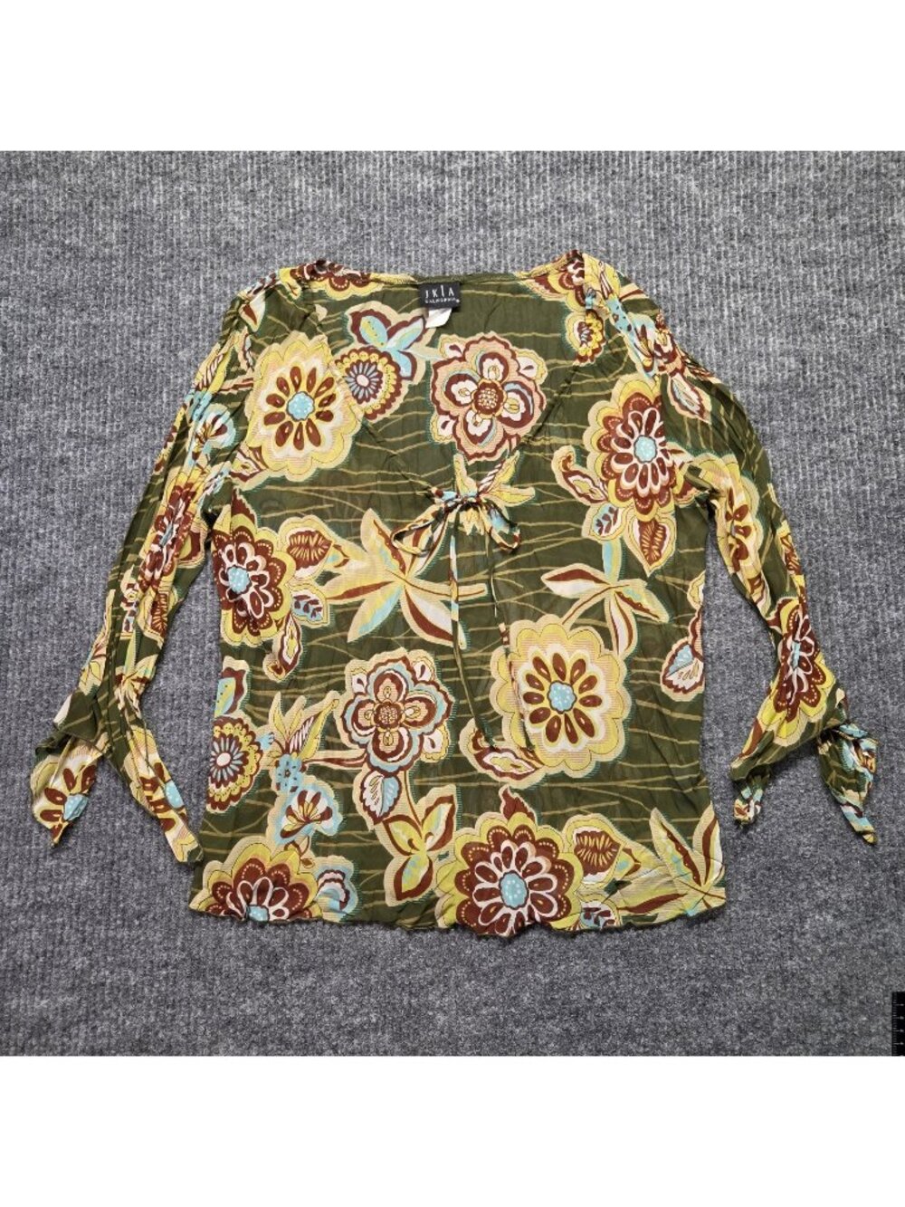JKLA California Y2K Women L Peasant Blouse Olive Green Boho Fairy Floral Vintage